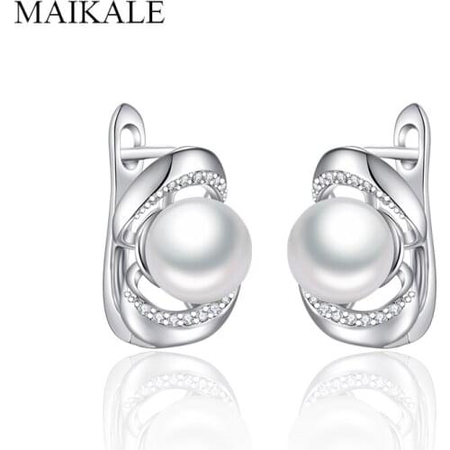 MAIKALE Luxury Geometric Stud Earrings with Pearls Zirconia 8mm Round Pearl Earrings for Women Fashion Jewelry Girls Gift