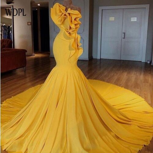 Gold Evening Dresses abendkleider abiye Formal Gowns Mermaid Long Evening Dress Ruffled robe de soiree Dubai Evening Gown Custom