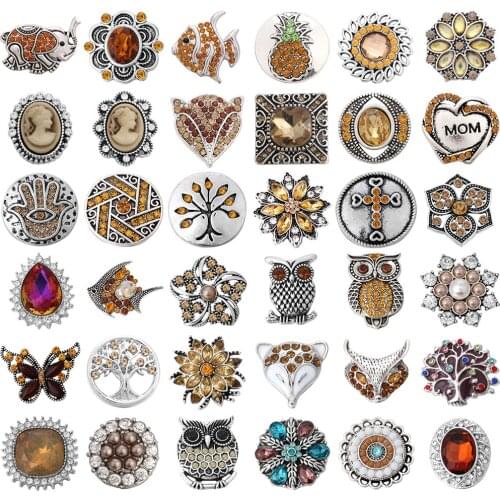 6pcs/lot Snap Jewelry Brown Rhinestone Metal 18mm Snap Buttons Fit DIY Snap Button Bracelet Bangle Necklace