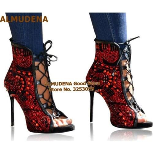 ALMUDENA Bling Bling Red Crystal Ankle Boots Open Toe Lace-up Glittering Gem Beaded Wedding Shoes Stiletto Heels Dress Pumps