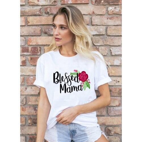 Blessed Mama Letter Flower Print Womens Summer T-shirt Graphic Aesthetic Tumblr Tees Round Neck Tshirts Tops Ropa Camisas Mujer