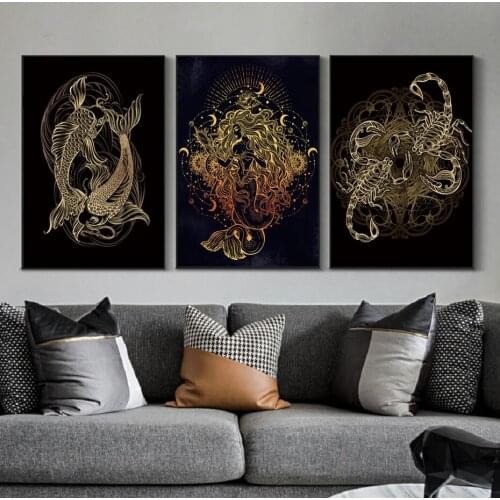 Black Gold Line Stroke Sun Moon Gecko Koi Beautiful Pattern Decorative Painting Poster Painting Totem Bedroom Home Decor