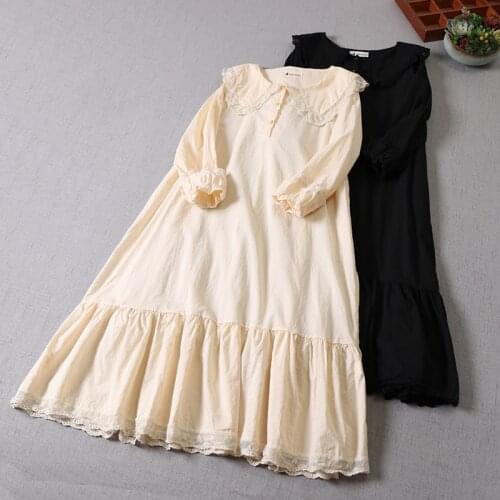 Japan Style Mori Girl Dress Fresh Lace Turndown Collar Solid Color Cotton Long Sleeves Ruffled Long Dress Women