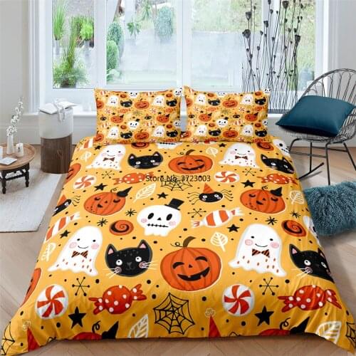 Cartoon Halloween Pumpkin Ghost Pattern Bedding Set Personality Creative Children Bedroom Purple Comfort Home Textile