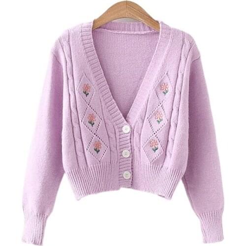 Floral Embroidery Women Crop Tops Short Knit Cardigan 2021 Winter V-neck Knitwear Korean Fashion Sweet Warm Soft Jumpers Top