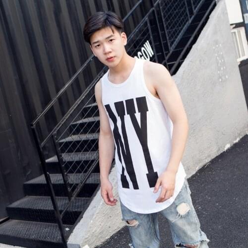 European and American high street style extended arc hem bottomed summer mens Vest Medium Length printed NY top