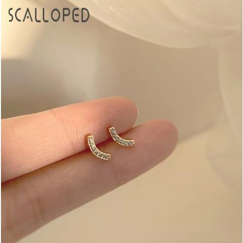 SCALLOPED Korean Smile Design Small Stud Earrings Micro Paved Cubic Zirconia Accessories Elegant Women Simple Fashion Jewelry