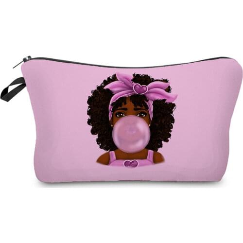 Cute Afro Girl Printed Cosmetic Bag Black Person Travel Makeup Bag Cartoon Women Organizer Coin Purse Wash Bag Custom Pattern