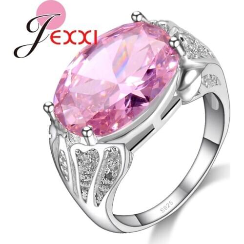 Oval Pink Cubic Zircon Crystal Wedding Rings For Women Stamped 925 Sterling Silver Engagement Bands Finger Ring Jewelry