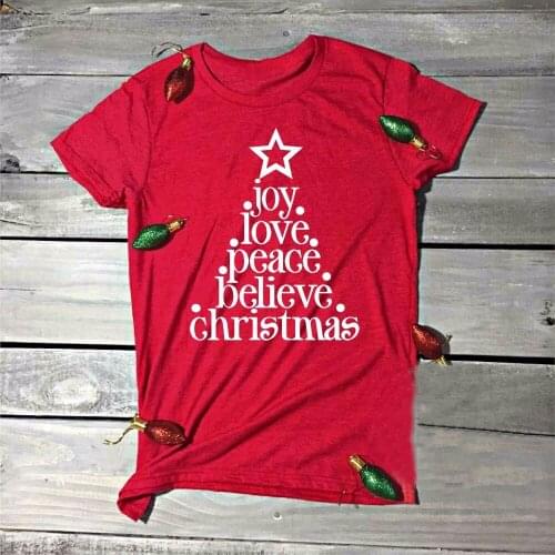 Joy Love Peace Believe Christmas Funny Graphic Top Tees Women Cotton O Neck Harajuku Shirt Fashion Short Sleeve Female Clothing