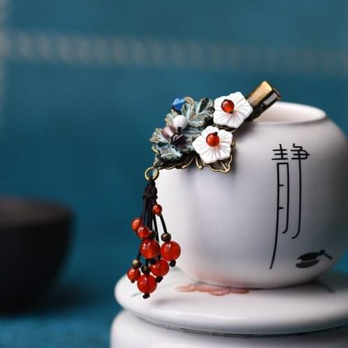 Retro DIY personality tassel hair clip green leaf shell flower hair ornaments red pendant folk wind duck beak clip