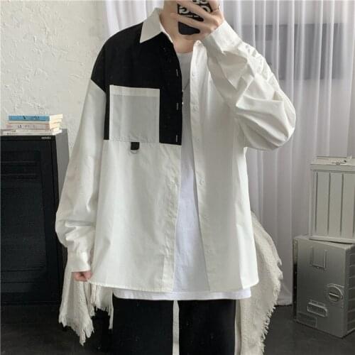 2020 Spring Ins Hong Kong Style Stitching Long-sleeved Shirt Male Korean Casual Youth All-match Thin Tooling Shirt