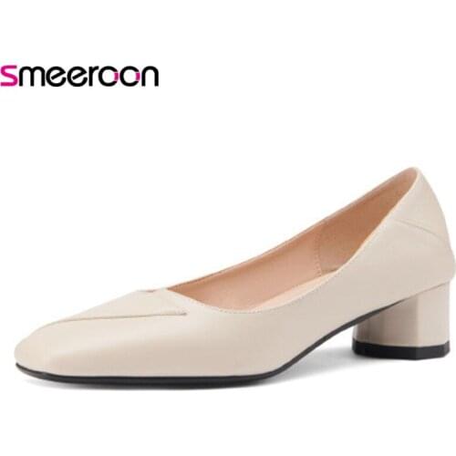 Smeeroon 2021 Big Size 43 Pu Pumps Women Shoes Square Toe Single Shoes Classic Spring Summer Thick Heels Office Shoes Woman