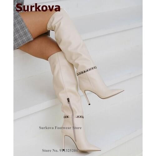 Surkova Beige Black Chain Embelished Over The Knee Boots Stiletto Heels Pointed Toe Thigh High Boots Metal Decorated Dress Shoes