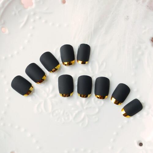 High Quality Short Full Bordeaux Metal Frosted False Nail 3 Sets/lot Matte Black Turnover Golden French Style Artificial Nails