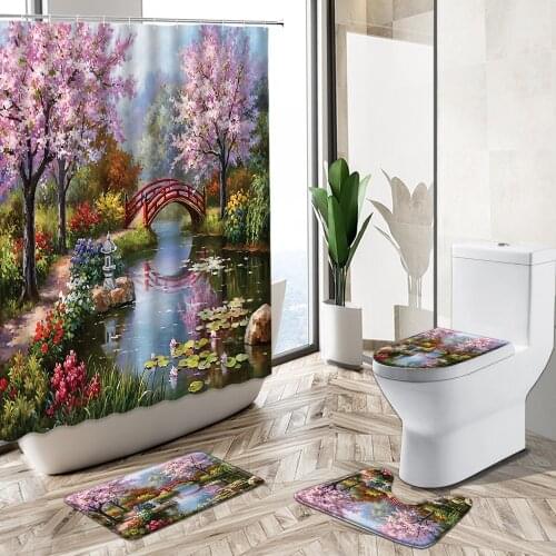 Natural Scenery Oil Painting Shower Curtain Forest Waterfall Plant Flower Swan Landscape Home Rug Toilet Lid Cover Bath Mat Set