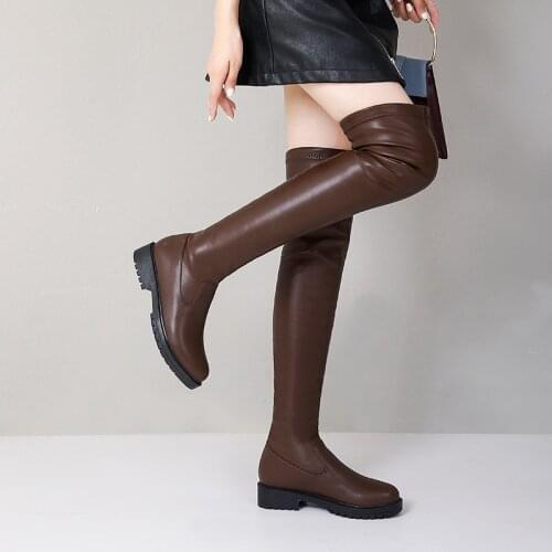 Black Large Size Womens Shoes Flat Thigh Boots Fashion Zipper Round Toe Stretch Long Boots Ladies Autumn Winter Boots