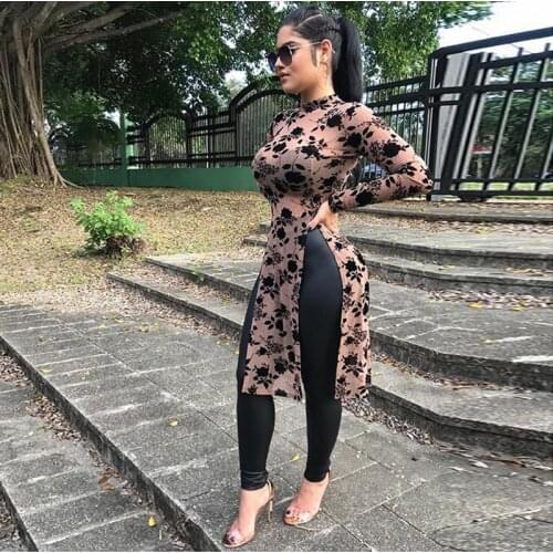 Women Sexy Side Split T Blouse Fashion Floral Pinting Tight Blouse Long Sleeve Blouse Ladies Streetwear Camiseta Mujer