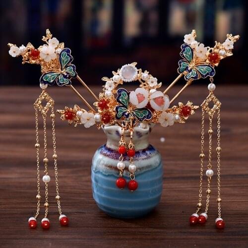 Women Girls Hanfu Dress Jewelry Tassel Step Shake Butterfly Flower Chinese Hairpins Hair Combs Earring Hair Fork Headpieces