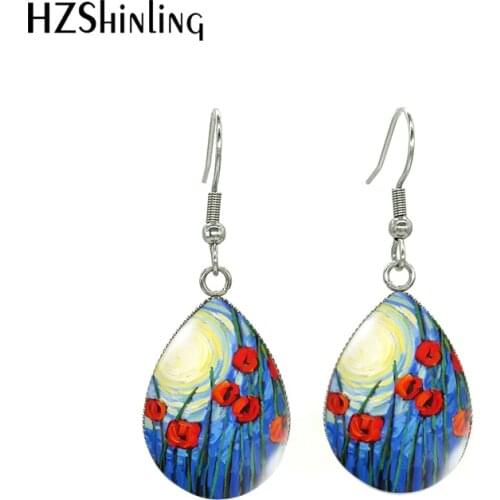 New Fashion Novelty Fish Hook Earrings Poppies Flowers and Moon Paintings Handmade Jewelry Tear Drop Dangle Earrings