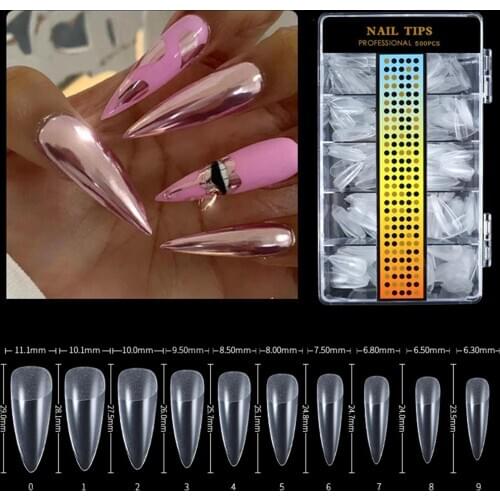 500Pcs Full Coverage Natural False Nails Long Clear Clear Frosted C Curved False Nail Tips Fingernail DIY Manicure Art Decor