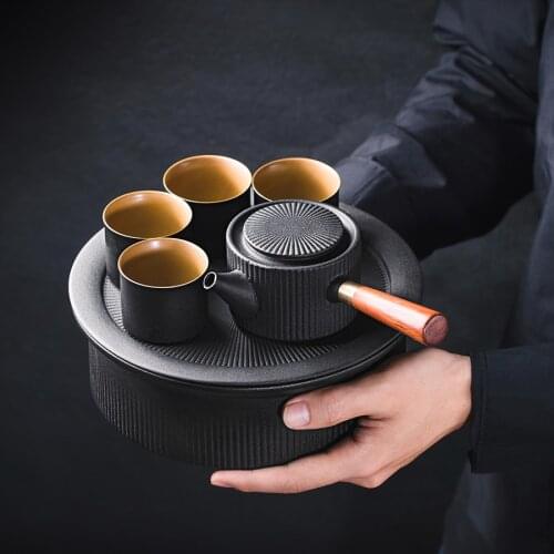 6 Pcs Japanese Tea Set Vintage Coarse Pottery Black Office Tea Set Kung Fu Minimalist Retro Jogo De Xicaras Teaware EF60CJ