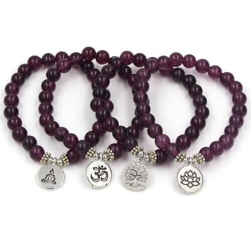 8mm hjrh32 elastic adjusted Charm nature stone Lotus life tree Buddha head Chakra Reiki agate Onyx Bracelet