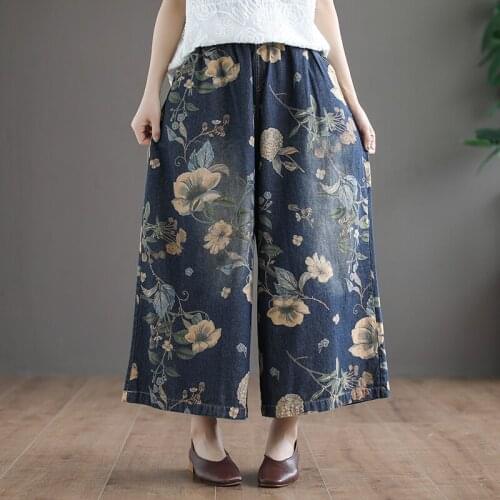 Free Shipping 2019 Fashion Wide Leg Ankle Length Pants For Women Trousers Denim Jeans Elastic Waist Casual Cotton Pants Print