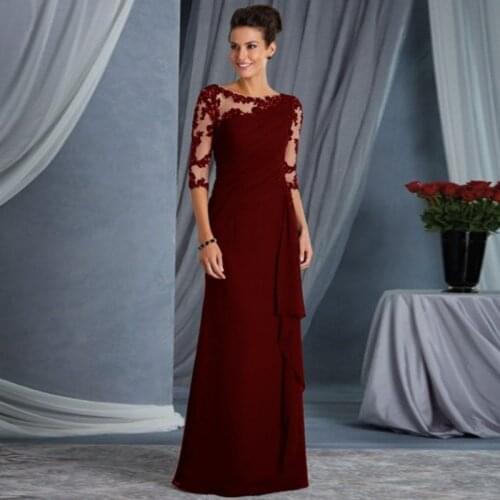Burgundy Mother Of The Bride Dresses A-line Half Sleeves Chiffon Appliques Plus Size Long Groom Mother Dresses Wedding