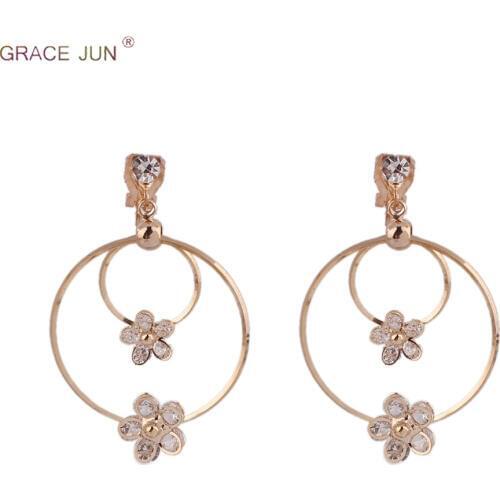 GRACE JUN New Style AAA Cubic Zircon Double Circle Clip on Earrings and Drop Pierced Earrings Fashion Bridal Earrings Brincos