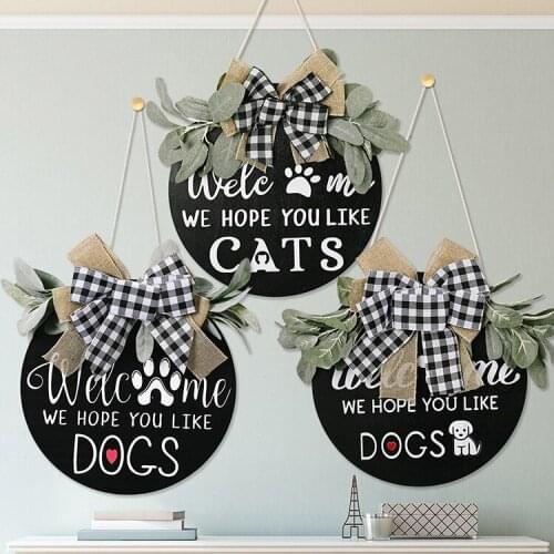 American Country Wooden Doorplate Plaid Bow Home Wall Decoration Garland Door Decoration DogCAT