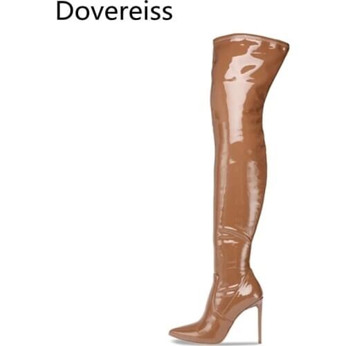 Dovereiss Fashion Womens Shoes Winter Pointed Toe Stilettos Heels Sexy Elegant patent Over the knee boots Concise Mature 45