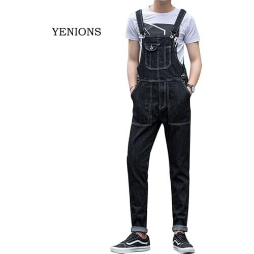 2021 Jeans Men Overalls Bib Denim Jumpsuits Slim Straight Fashion Multi Pocket Workwear Cargo Pants Black Trousers Size 28-42