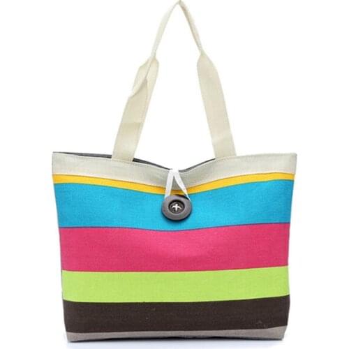 10PCS / LOT Eco Foldable Shopping Bag Canvas Stripe Contrast Color One Shoulder Bag Casual Large Capacity Handbag