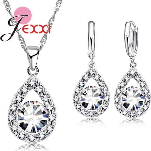 Clear African AAA Crystal Water Drop Shape Necklace Earrings for Women 925 Sterling Silver Wedding Jewelry Sets