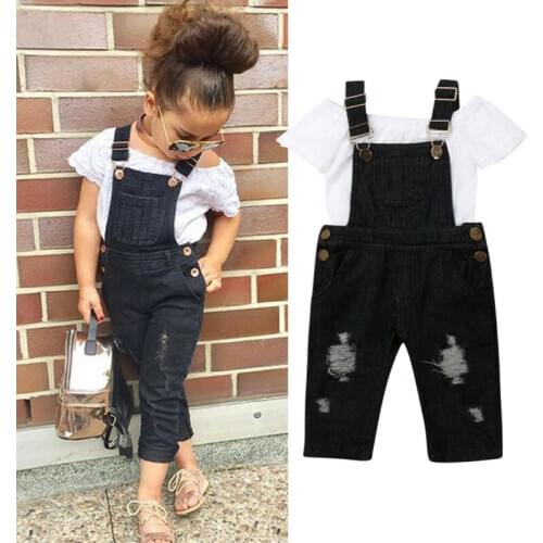 Toddler Kid Baby Girls Clothes Sets White Lace Tops Bib Pants Jeans 2PCS Outfits Clothes Summer