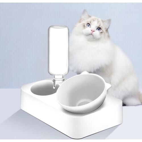 Pet Bowl Feeder Dog Cat Food Water Double Bowl 600ml Bottle Drinking Raised Stand Dish Bowls With Water Dispenser S/L Bowl