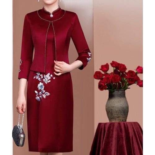 Two-piece Suit Mother of the Bride Dresses Long Sleeve Burgundy Blue Satin Elegant Formal Party Evening Gowns For Wedding Guests