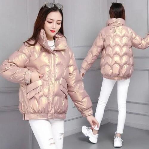 2021 New Fashion Glossy Winter Padded Jacket Womens Short Loose Light Cotton Jacket Womens Clothing Thick Warm Female Coat