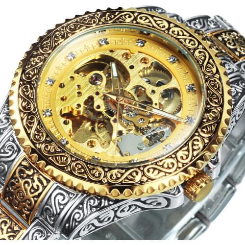 WINNER Gold Skeleton Mechanical Watch Men Automatic Vintage Royal Fashion Engraved Auto Wrist Watches Top Brand Luxury Crystal
