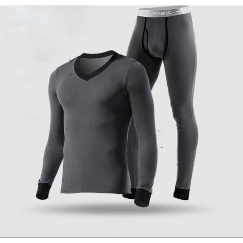 Men Thermal Underwear Winter Long Jhons Warm Clothes Modal Thin V Neck Patchwork Top Buttoms Set