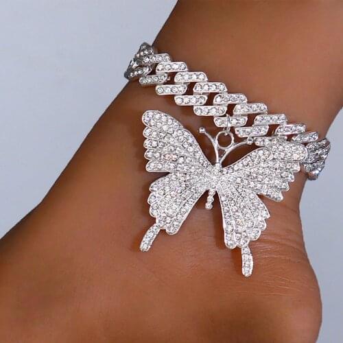 Rapper Men Butterfly Big Anklet Thick Wholesale for Women Bracelet Rhinestone Cuban Link Anklet Iced Out Chain Pendant Jewelry