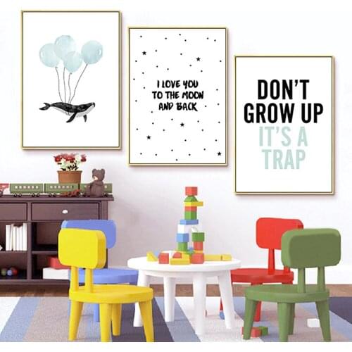Nordic Simple Whale Balloon Canvas Painting English Inspirational Phrase Poster Childrens Room Bedroom Wall Art Decor Pictures