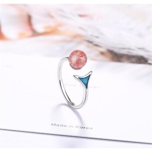 New Creative Fishtail Sweet Fashion Animal 925 Sterling Silver Jewelry Fresh Natural Pink Crystal Opening Rings SR629