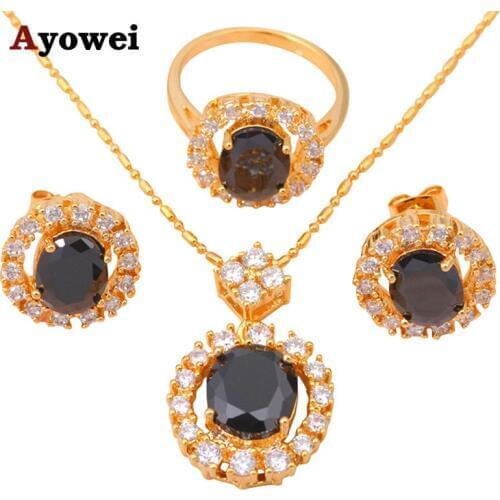 Special Gold tone Earring Necklace Fashion Jewelry Sets Ring AAA Zirconia Onyx Crystal Health Sz #7.5 # 7 JS272A