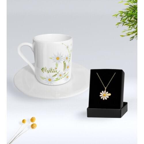 Personalized Daisy Themed Turkish coffee Cup And Daisy Necklace Gift Seti-1