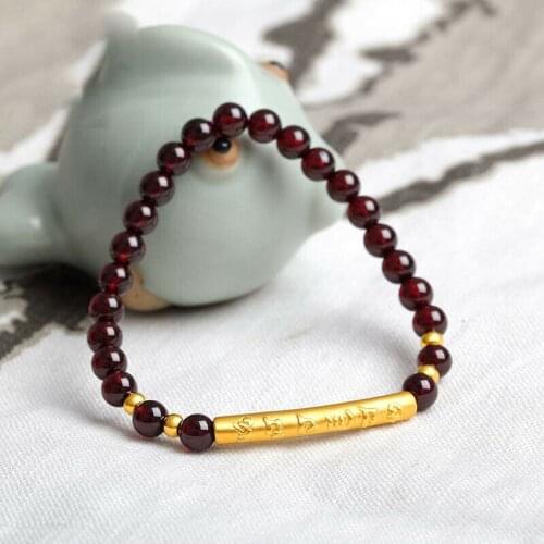 Genuine 24K Yellow Gold Six-Letter Sutra Tube with 6mm Garnet Beads Bracelet Length from 5" to 15" For Lady