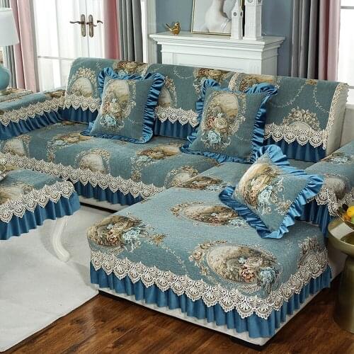 European Luxury Chenille Sofa Cover Blue Non-slip Sofa Towel Cushion Pillow Case Exquisite Jacquard Lace Combination Sofa Set
