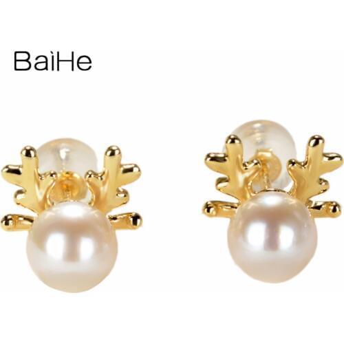 BAIHE Genuine Solid 14K Yellow Gold freshwater Pearl Earrings lovely elk Pearl Stud Earrings Women серьги Trendy christmas Gift