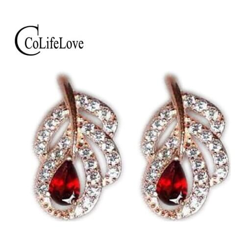 Cute bird feather shape silver earrings fashion solid 925 silver stud earrings natural red garnet silver gemstone stud earring